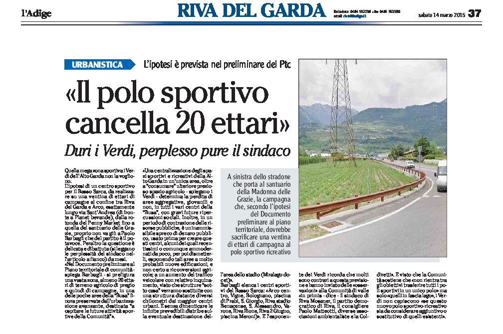 Riva del Garda: nel preliminare del Ptc è previsto un polo sportivo che cancella 20 ettari di terreno agricolo