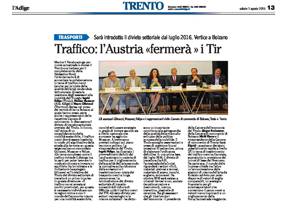 Trasporti: l’Austria fermerà il traffico dei Tir dal luglio 2016