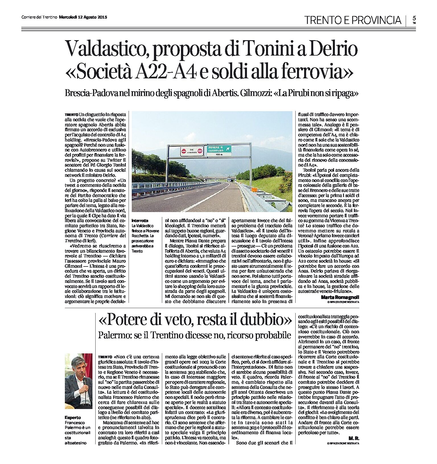 Valdastico: la proposta di Tonini e il dubbio del costituzionalista Palermo sul potere di veto