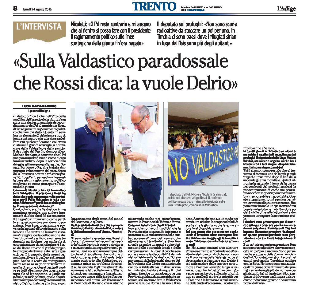 Valdastico: Pd, Nicoletti “paradossale che Rossi dica la vuole Delrio”