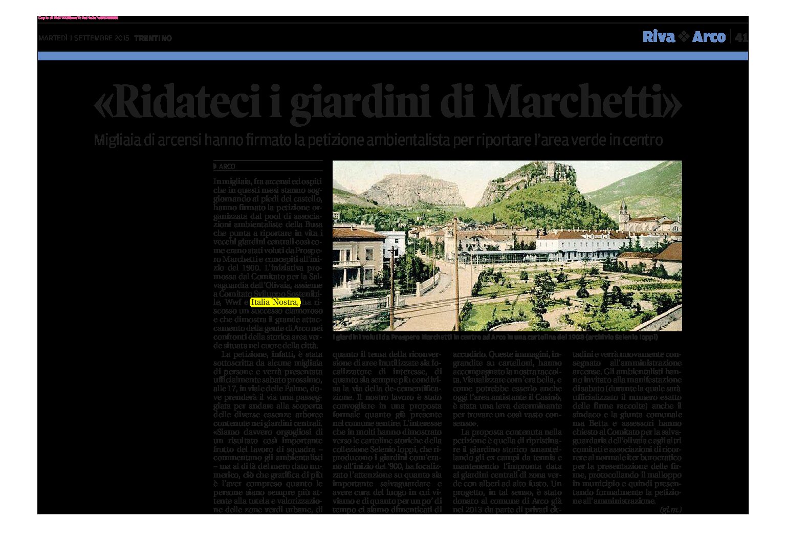 Arco: ridateci i giardini di Marchetti. Migliaia di arcensi hanno firmato la petizione ambientalista