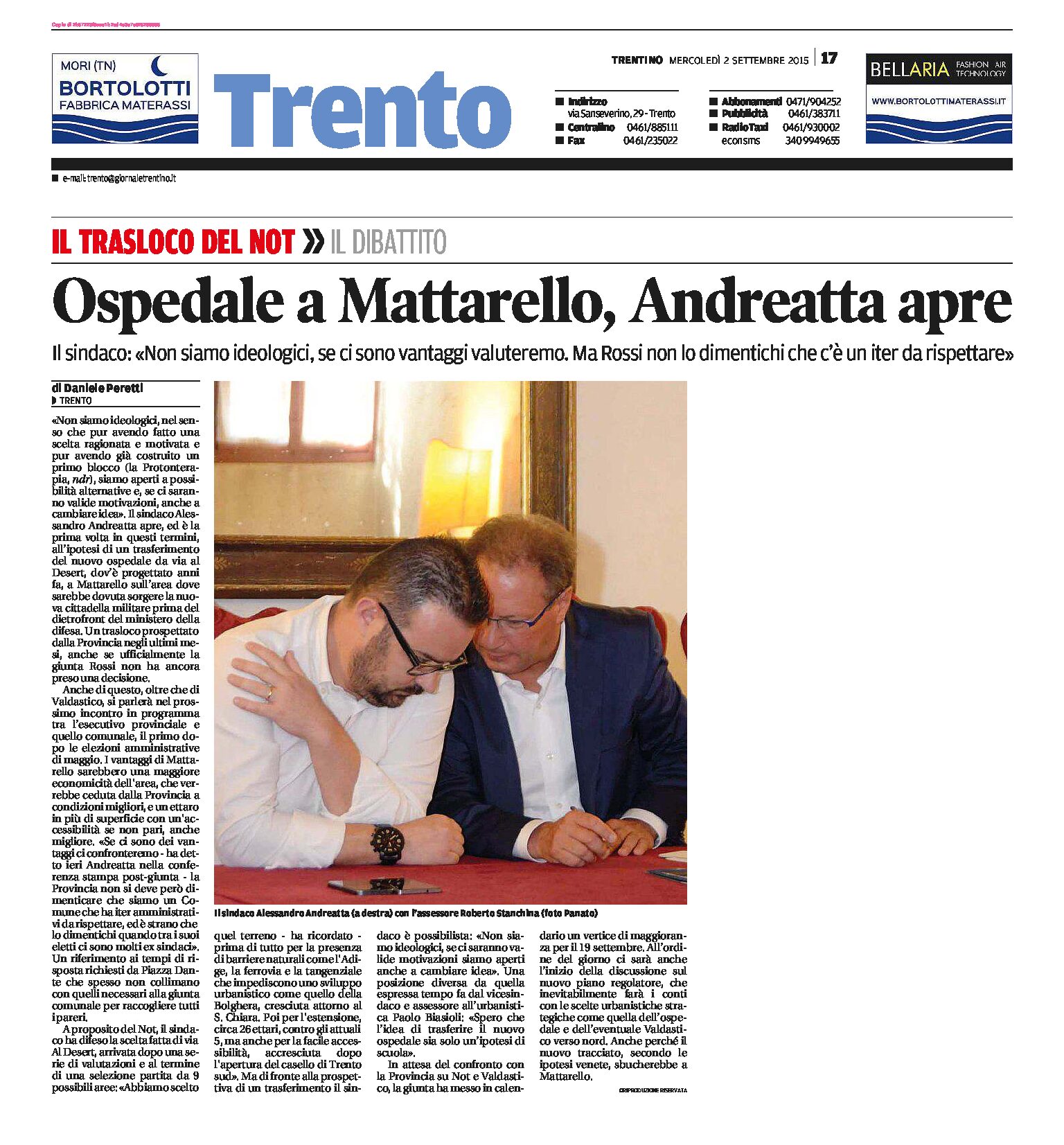 Trento, Not: ospedale a Mattarello, Andreatta “se ci sono vantaggi valuteremo”