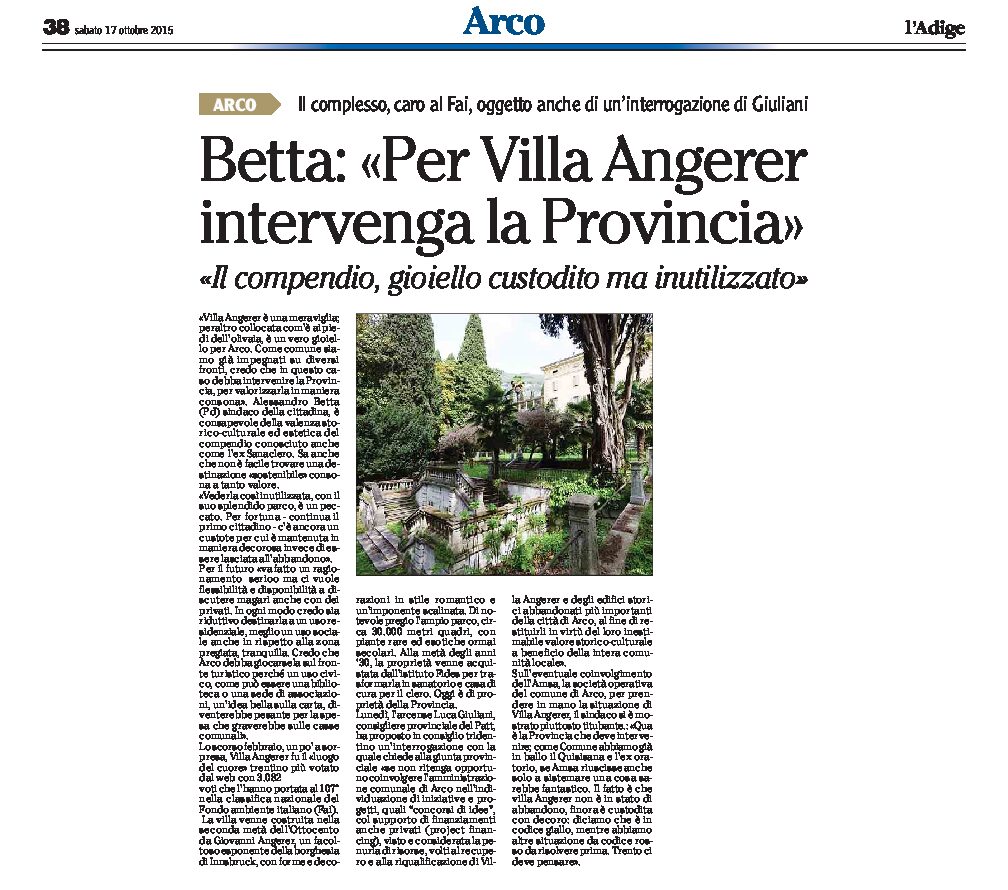 Arco: Betta “per Villa Angerer intervenga la Provincia”