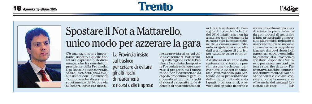 Trento, Not: la Provincia vuole lo spostamento a Mattarello