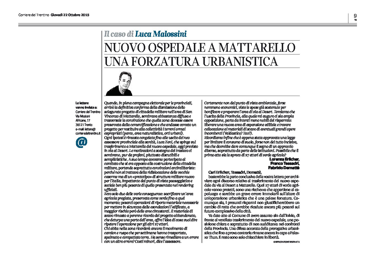 Trento, Not: a Mattarello, una forzatura urbanistica. Lettera