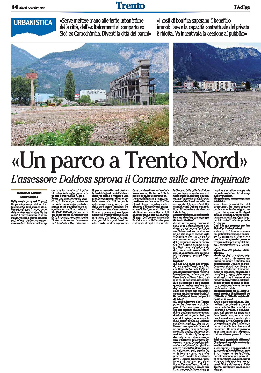 Trento: Daldoss pensa alla “città dei parchi”, modello per tutto il Trentino.