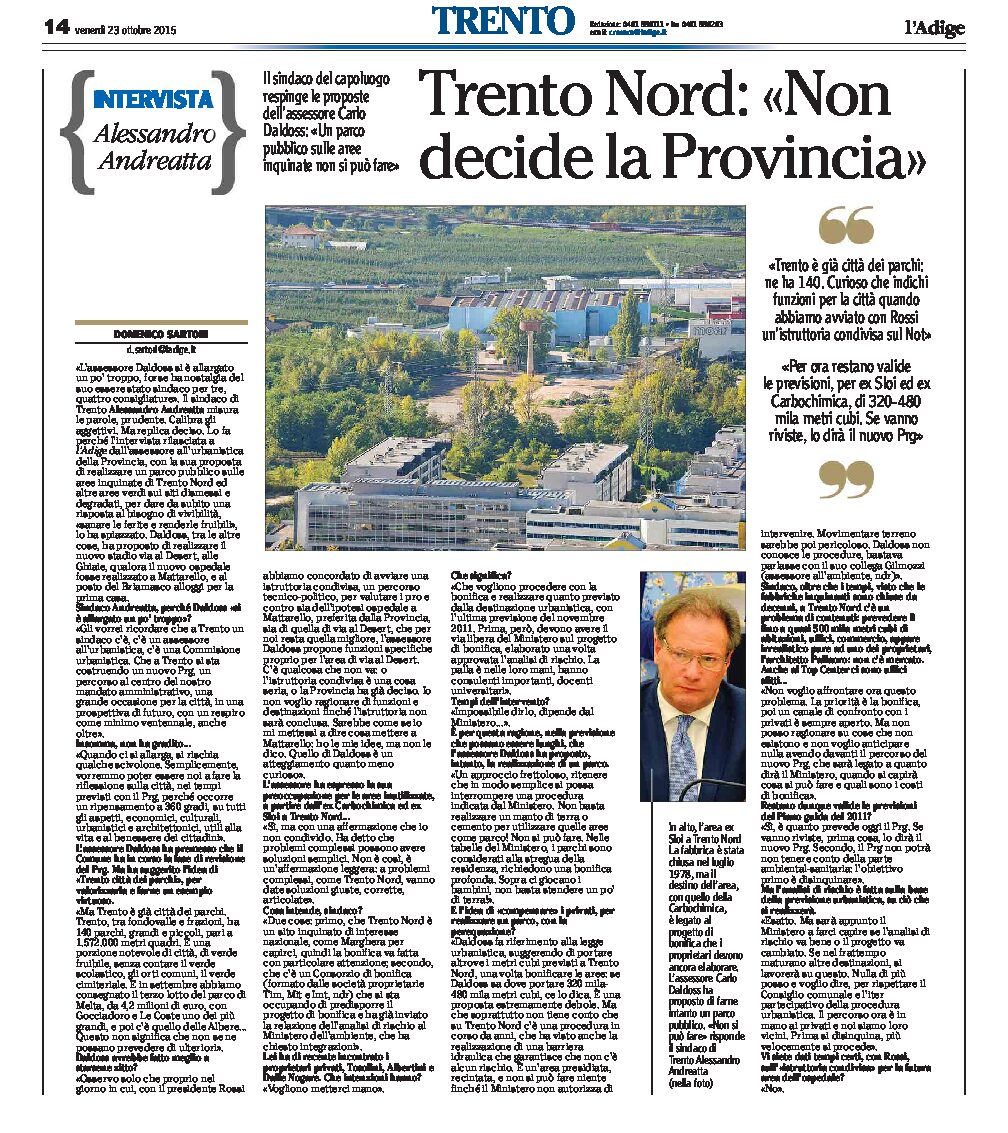 Trento Nord: Andreatta “non decide la Provincia, Trento è già città dei parchi ne ha 140”