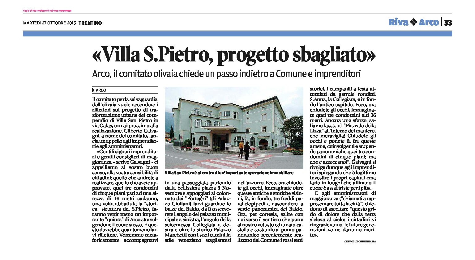 Arco, Villa S.Pietro: progetto sbagliato. Il Comitato Olivaia chiede un passo indietro