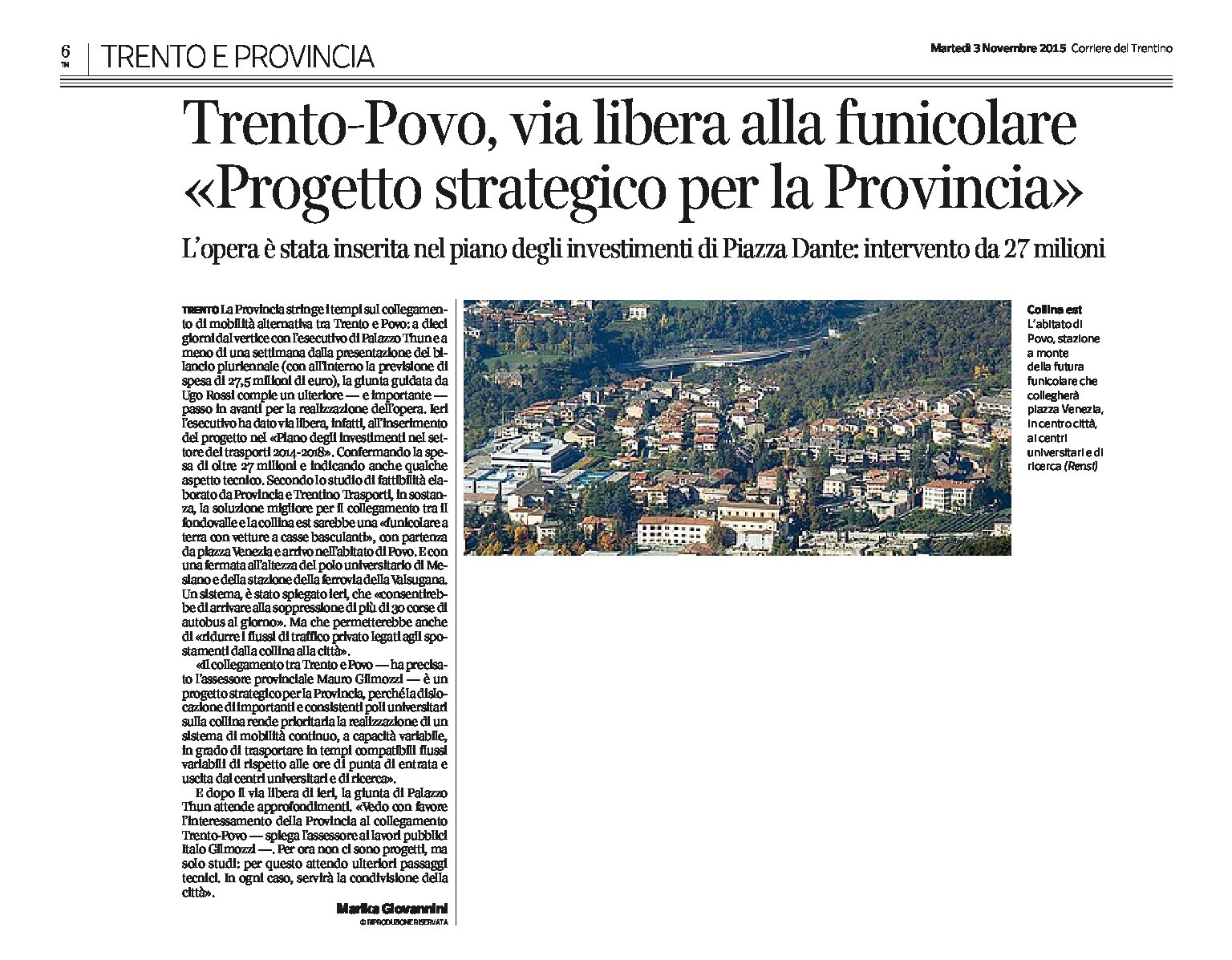 Trento-Povo: via libera alla funicolare, “progetto strategico per la Provincia”