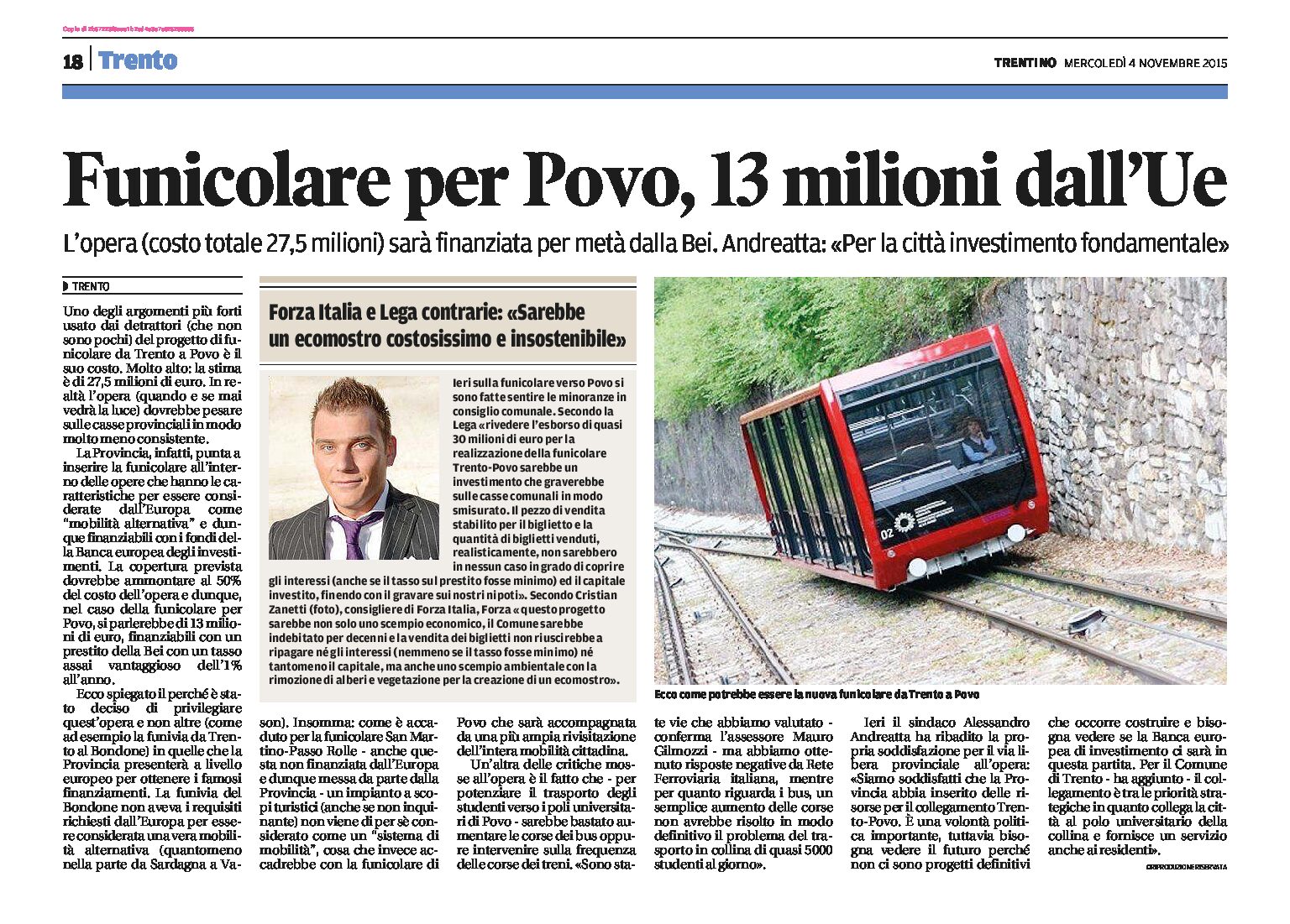 Trento-Povo: funicolare, 13 milioni dall’Ue