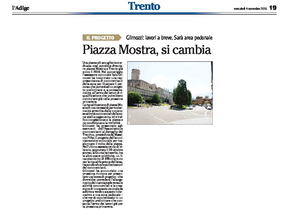 Trento: piazza Mostra diventerà area pedonale