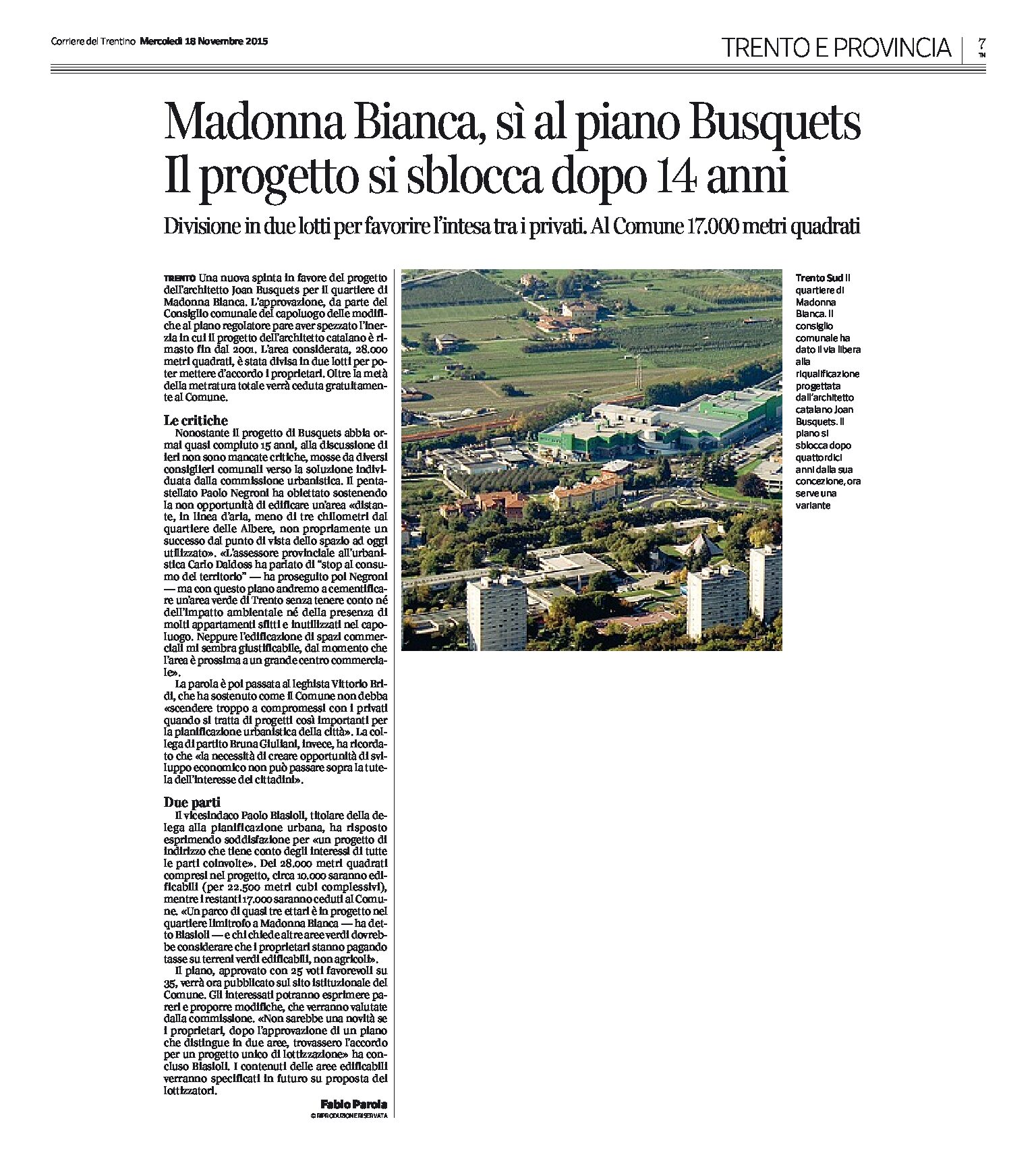 Trento, Madonna Bianca: sì al Piano Busquets