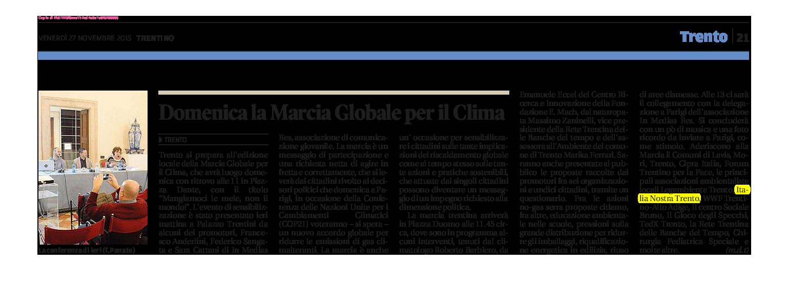 Trento: Marcia Globale per il Clima domenica 29 novembre