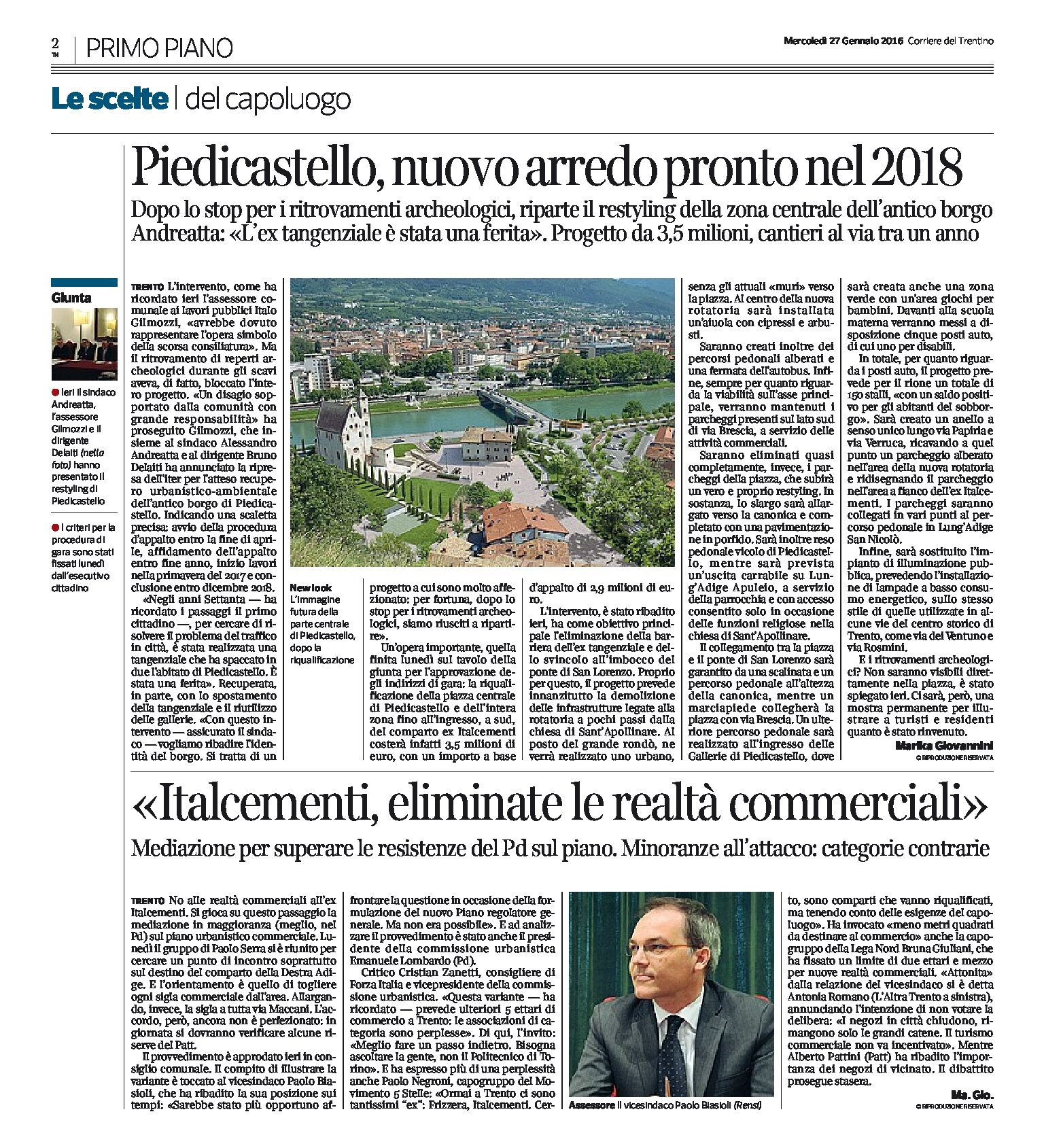 Destra Adige: il nuovo arredo di Piedicastello sarà pronto nel 2018, no alle realtà commerciali all’ex Italcementi