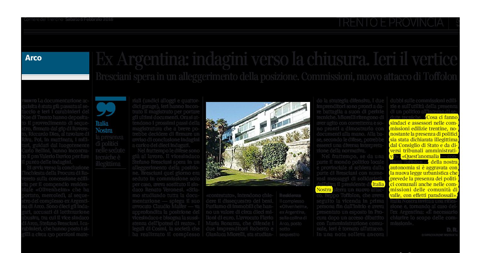 Arco, ex Argentina:indagini verso la chiusura. Italia Nostra “è necessario chiarire lo scopo delle commissioni edilizie”