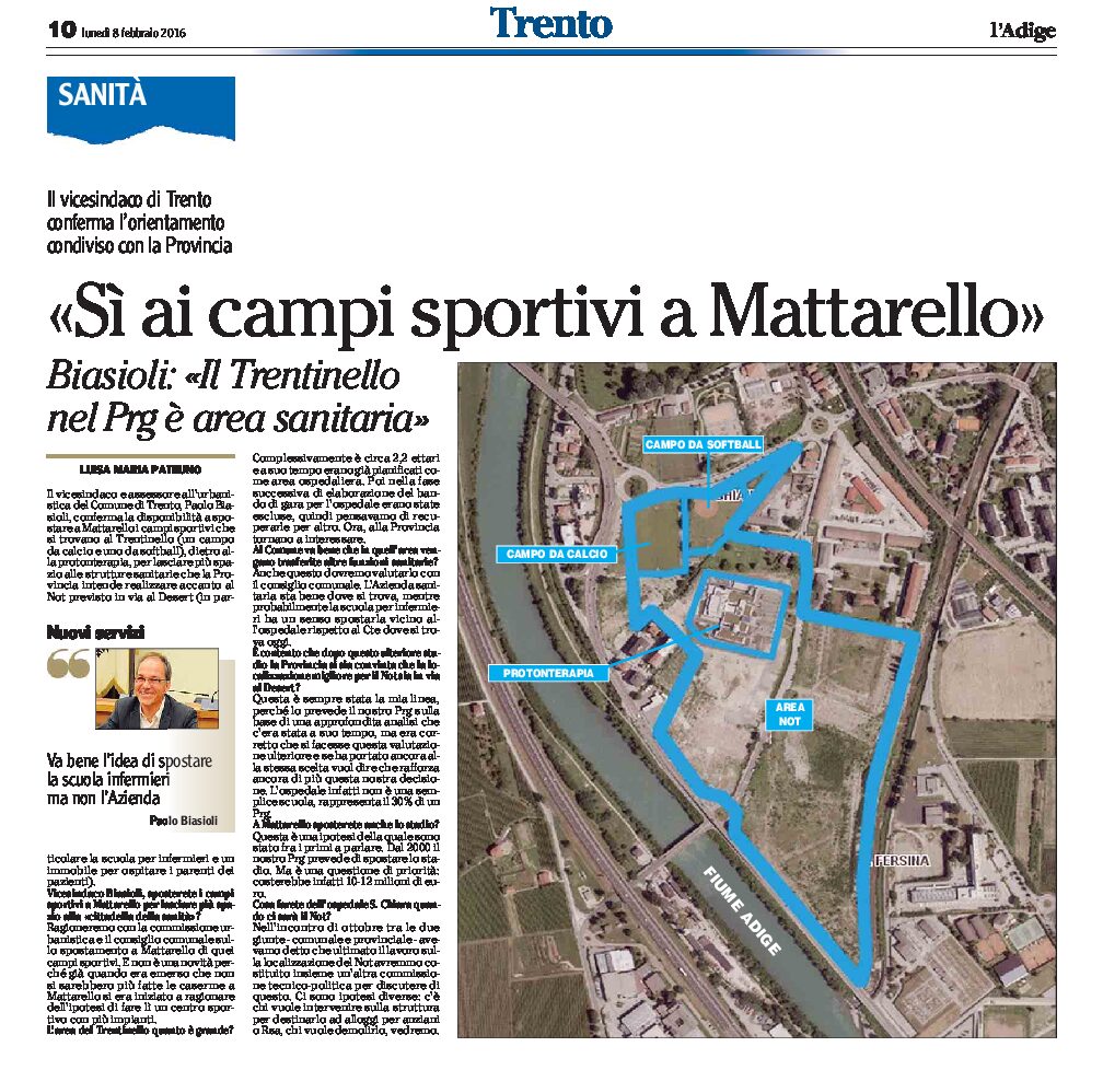 Trento, Mattarello: il Comune “sì ai campi sportivi a Mattarello”. “Il Trentinello nel Prg è area sanitaria”