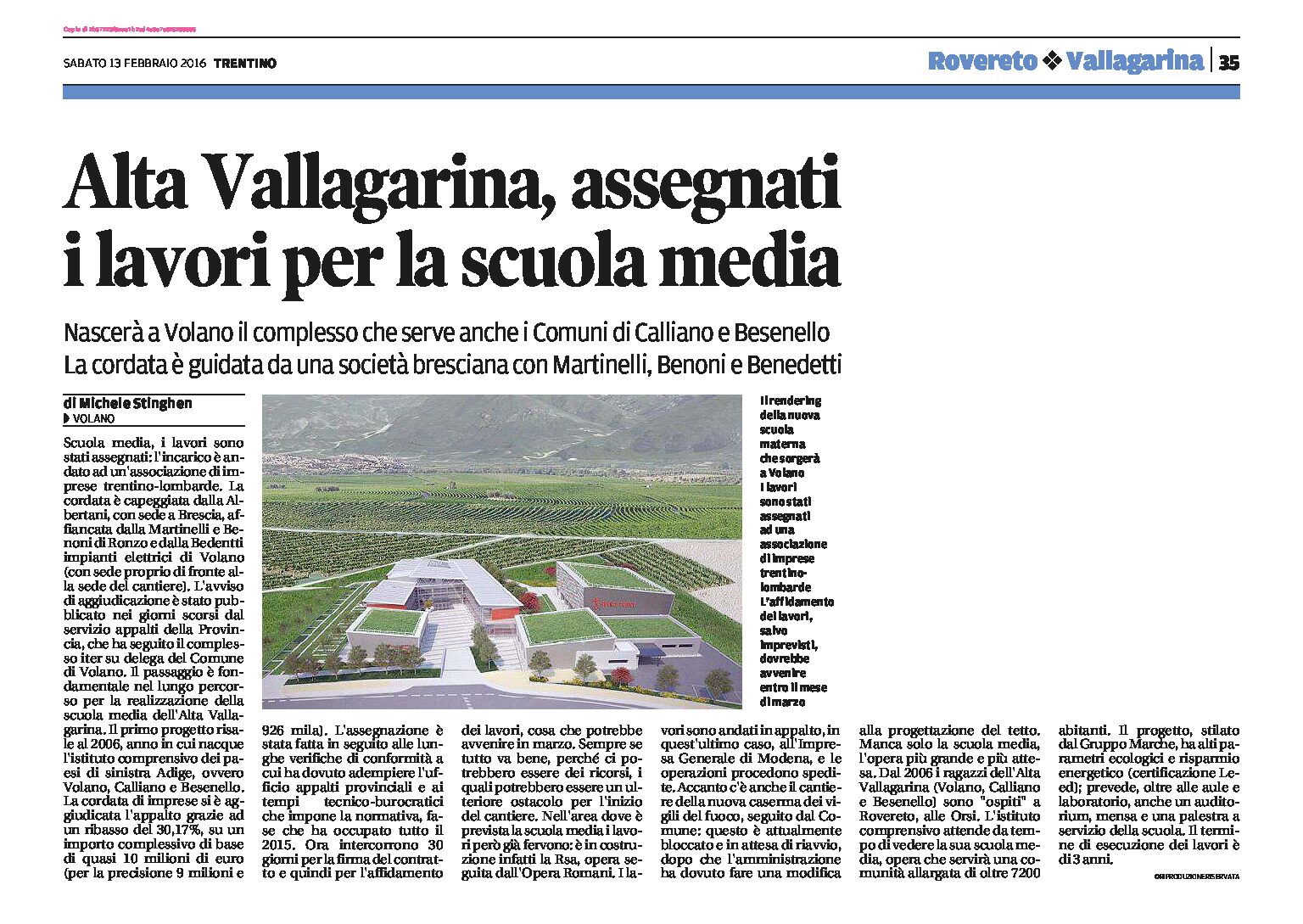 Alta Vallagarina, a Volano: nascerà una nuova scuola media anche per i Comuni di Calliano e Besenello