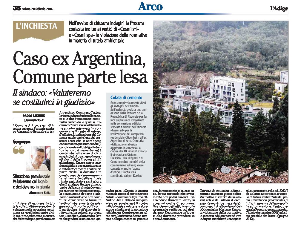Arco, ex Argentina: Comune parte lesa “valuteremo se costituirci in giudizio”