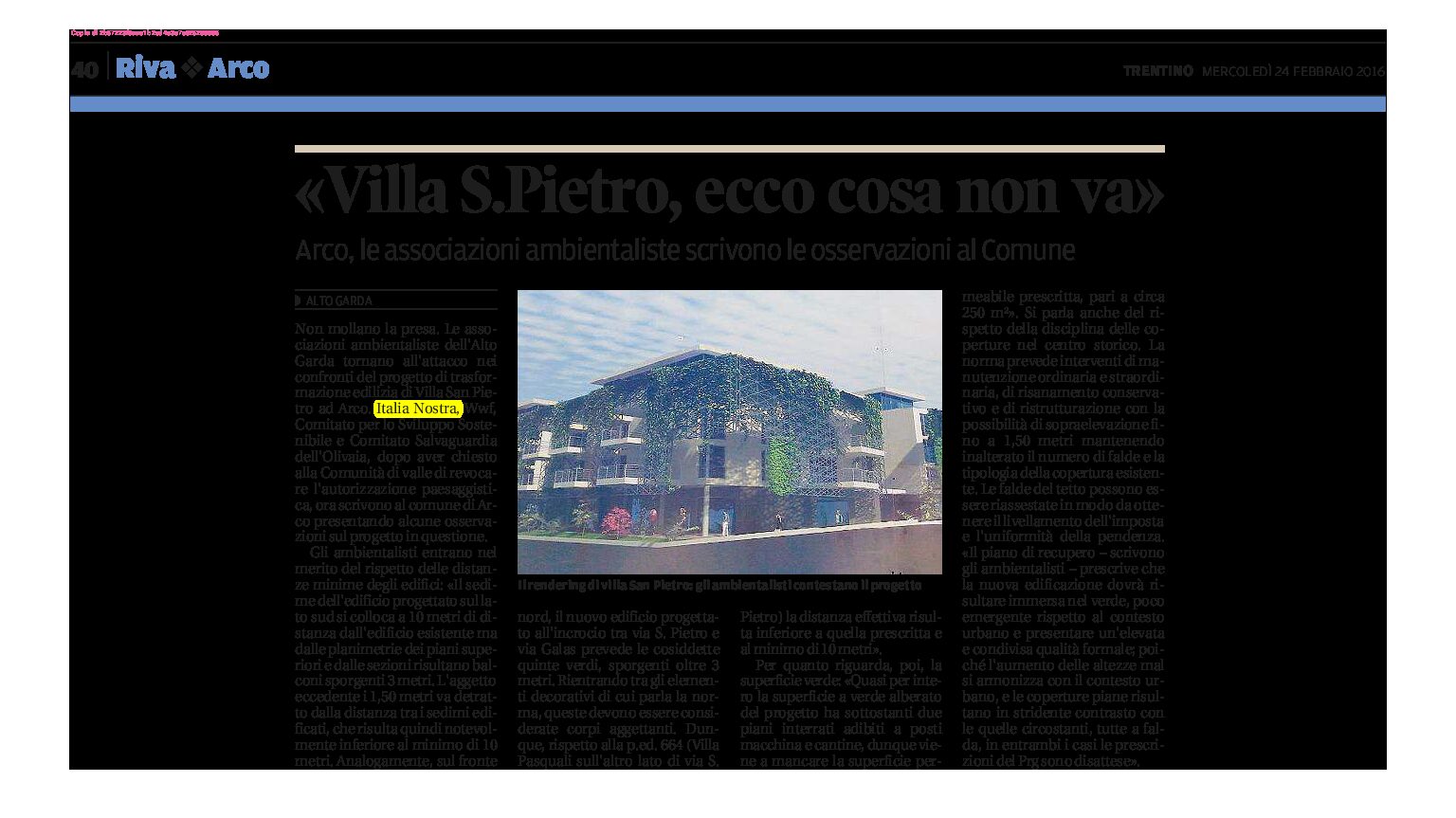 Arco, Villa S. Pietro: gli ambientalisti scrivono le osservazioni al Comune