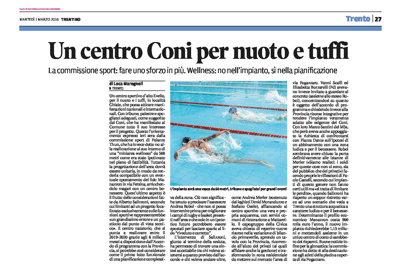 Trento: un centro Coni per nuoto e tuffi, in località Ghiaie