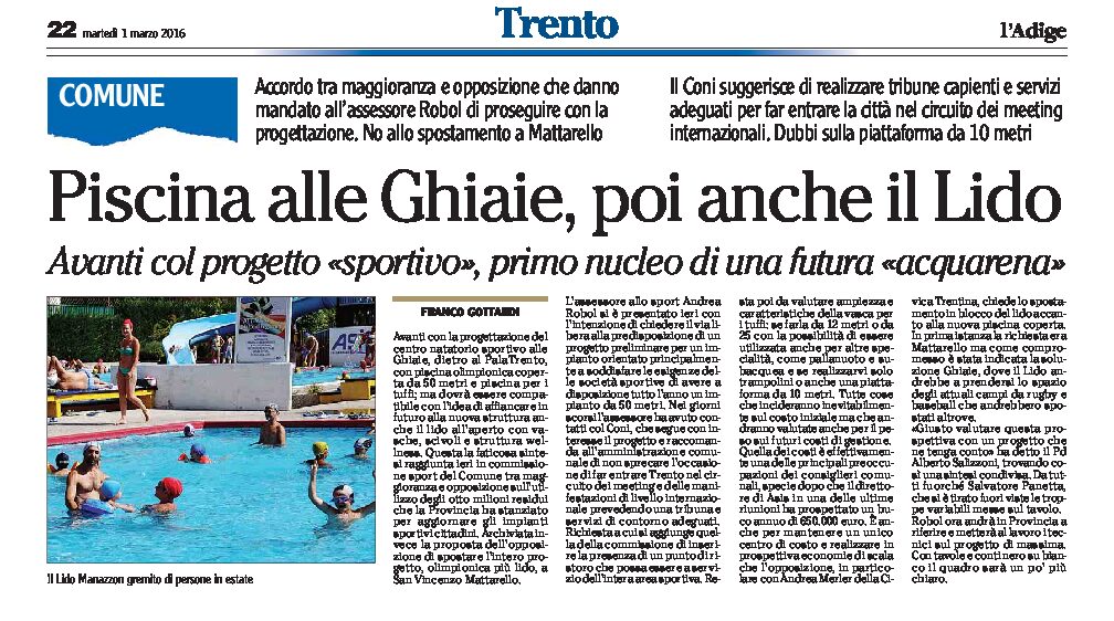 Trento: piscina alle Ghiaie, poi anche il Lido