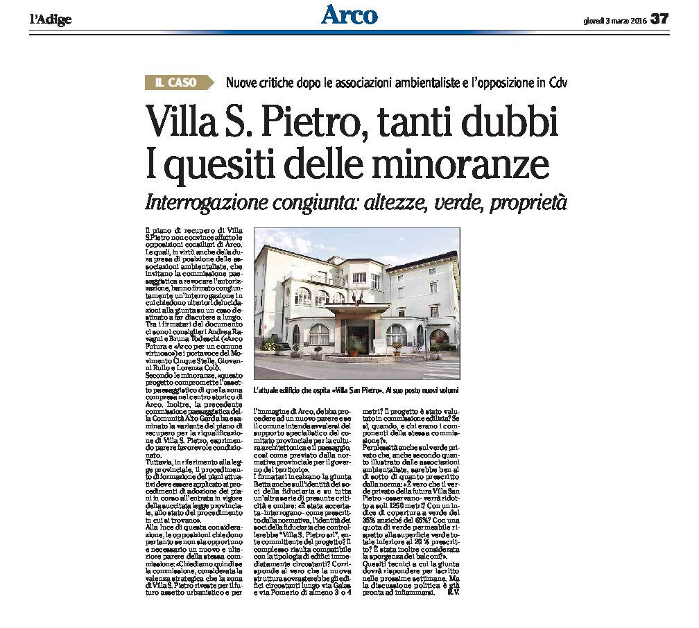 Arco, Villa S. Pietro: tanti dubbi. I quesiti delle minoranze