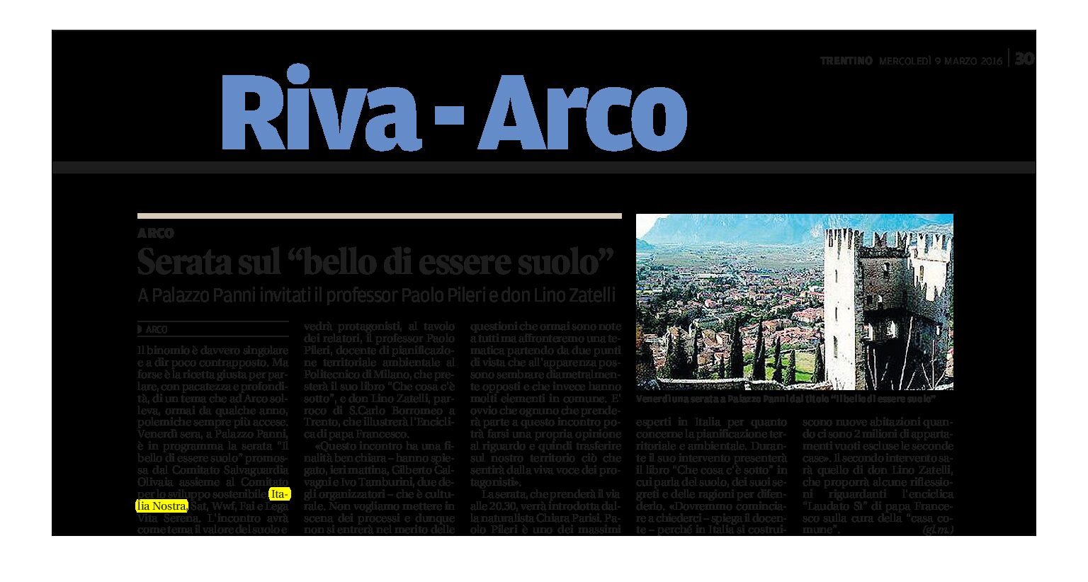 Arco: Serata “Il bello di essere suolo” organizzata dal Comitato Salvaguardia Olivaia