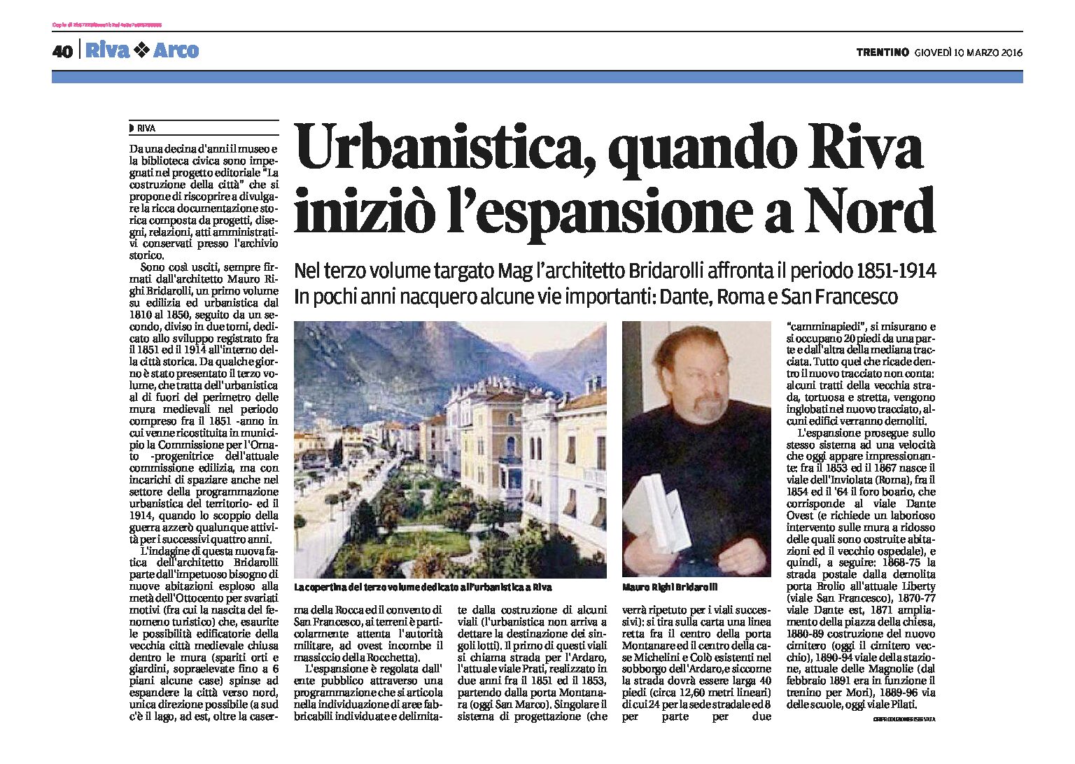Riva: volume dell’arch Bridarolli sull’espansione urbanistica, tra il 1851 e il 1914, a Nord della città