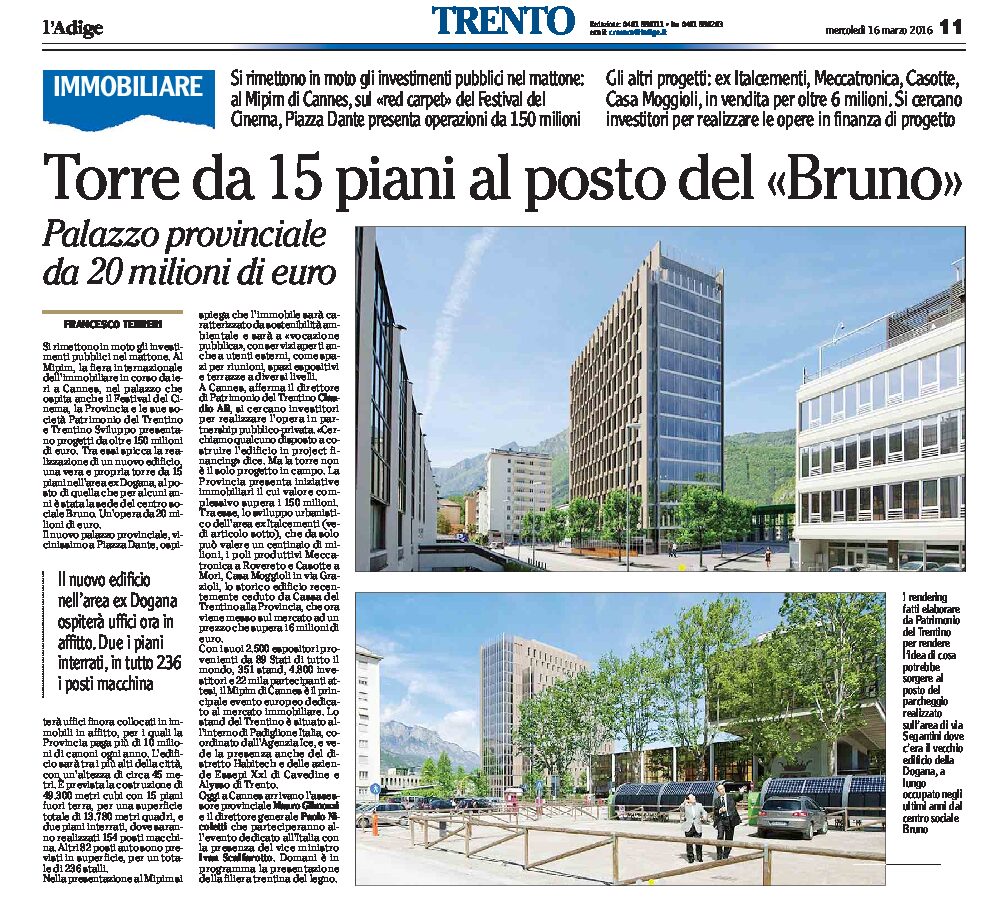 Trento: Torre da 15 piani al posto del “Bruno”