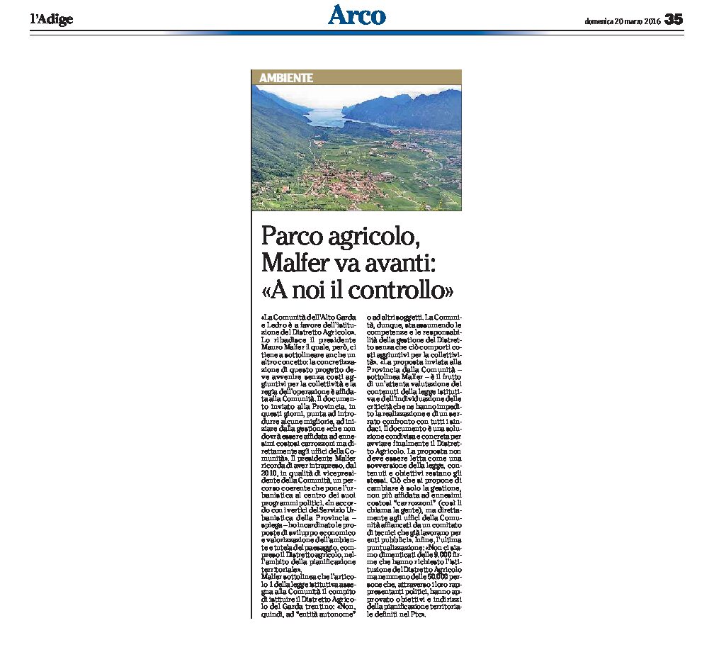 Alto Garda, Parco agricolo: Malfer va avanti “a noi il controllo”