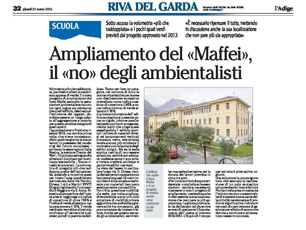 Riva: no degli ambientalisti all’ampliamento del liceo Maffei