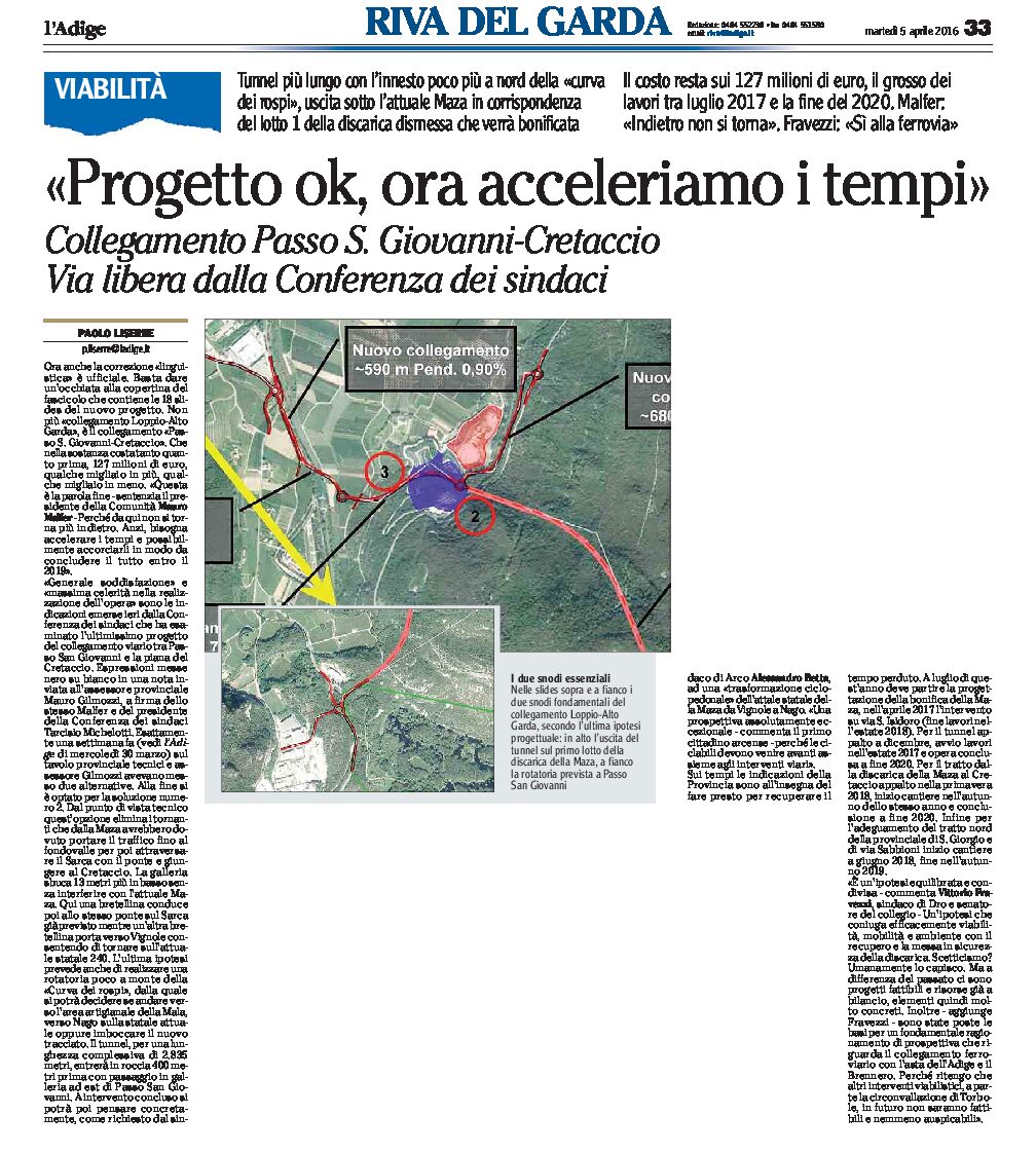 Alto Garda, “collegamento passo S. Giovanni-Cretaccio”: progetto ok, ora acceleriamo i tempi