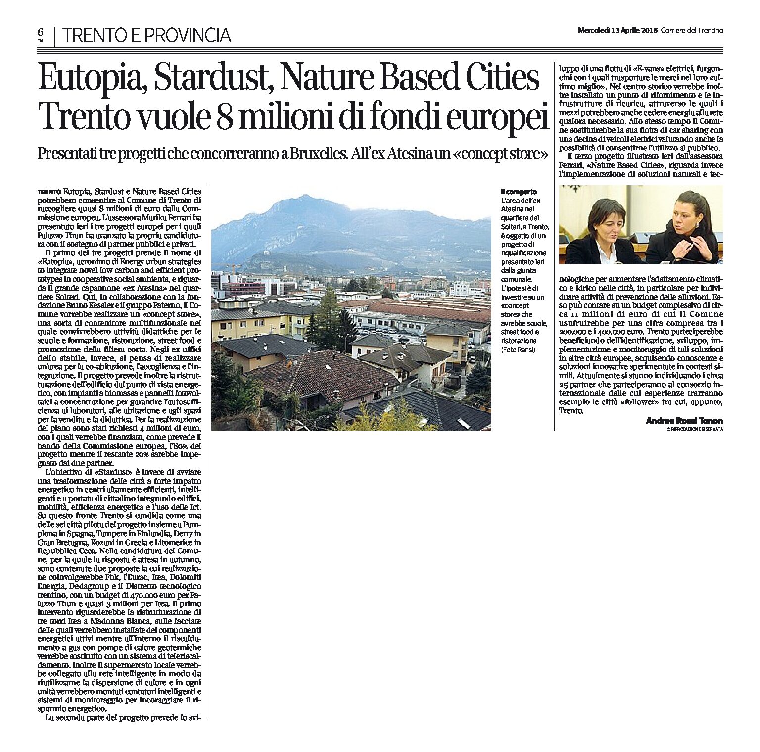 Trento, Solteri: ex Atesina, fondi europei per la rinascita
