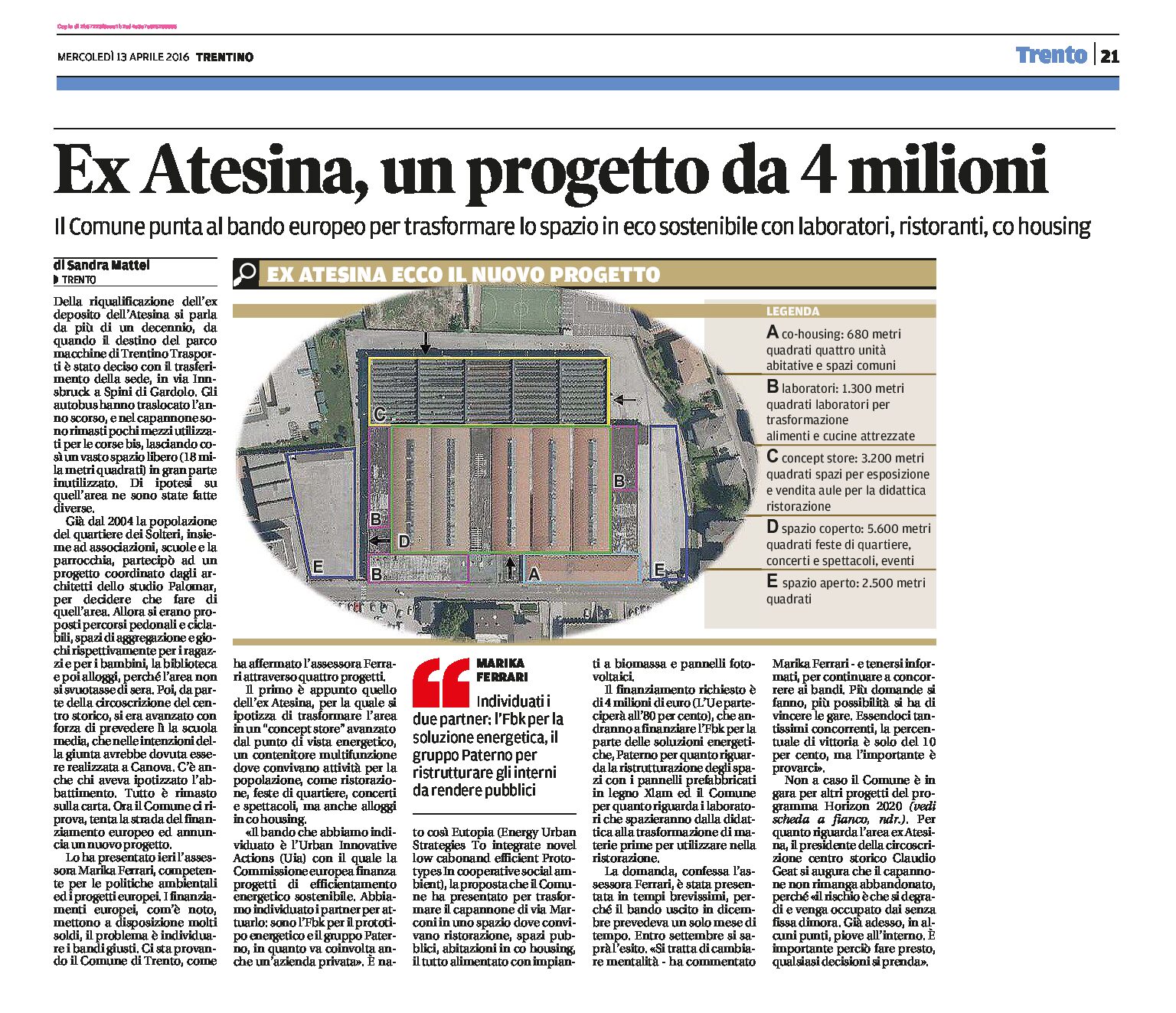 Trento, Solteri: ex Atesina, un progetto da 4 milioni. Individuati due partner: l’Fbk e il gruppo Paterno