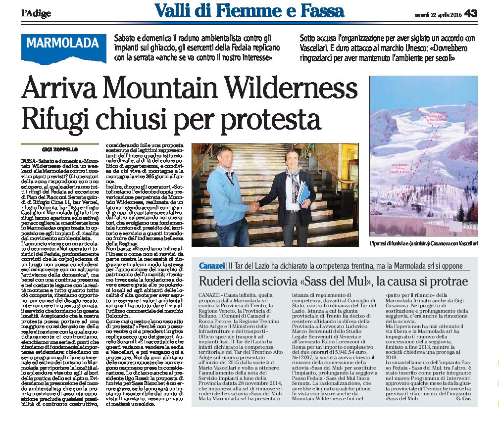 Marmolada: arriva Mountain Wilderness, rifugi chiusi per protesta