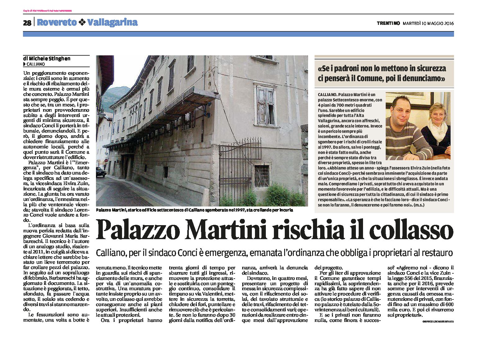 Calliano: Palazzo Martini rischia il collasso