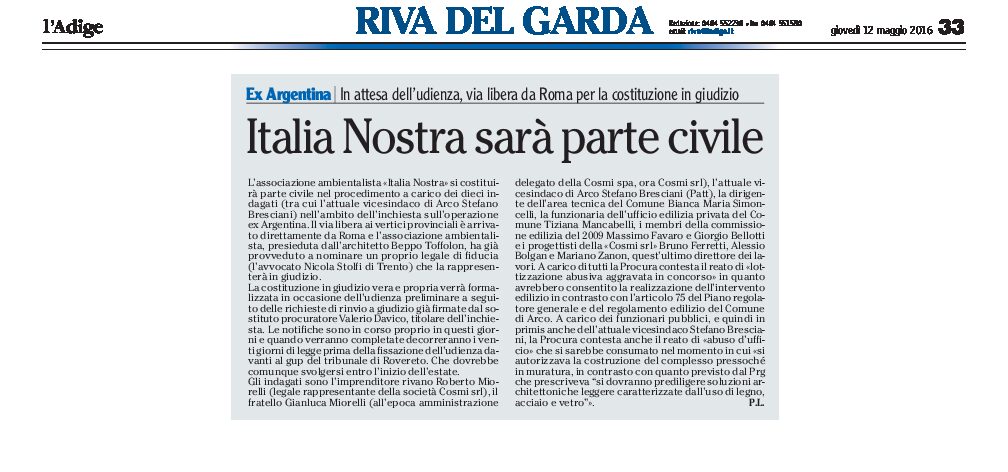 Arco, ex Argentina: Italia Nostra sarà parte civile