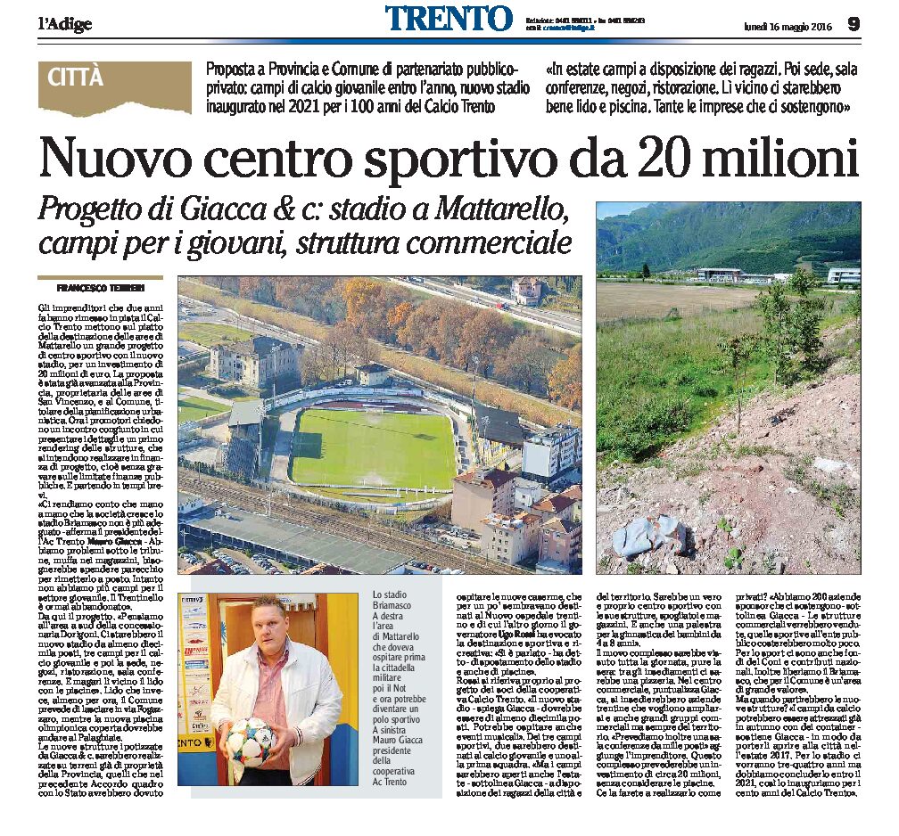 Trento: nuovo centro sportivo con stadio a Mattarello. Progetto di Giacca & c