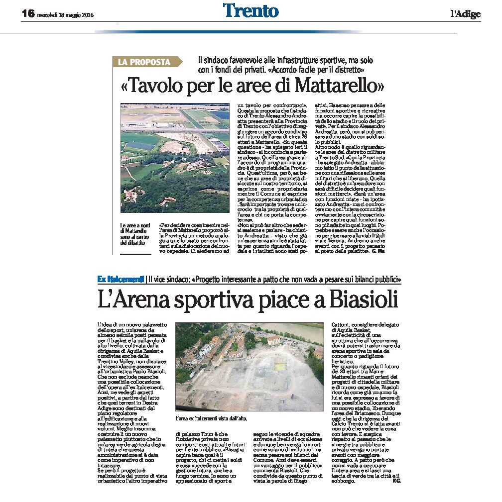 Trento: Mattarello e ex Italcementi per le strutture sportive