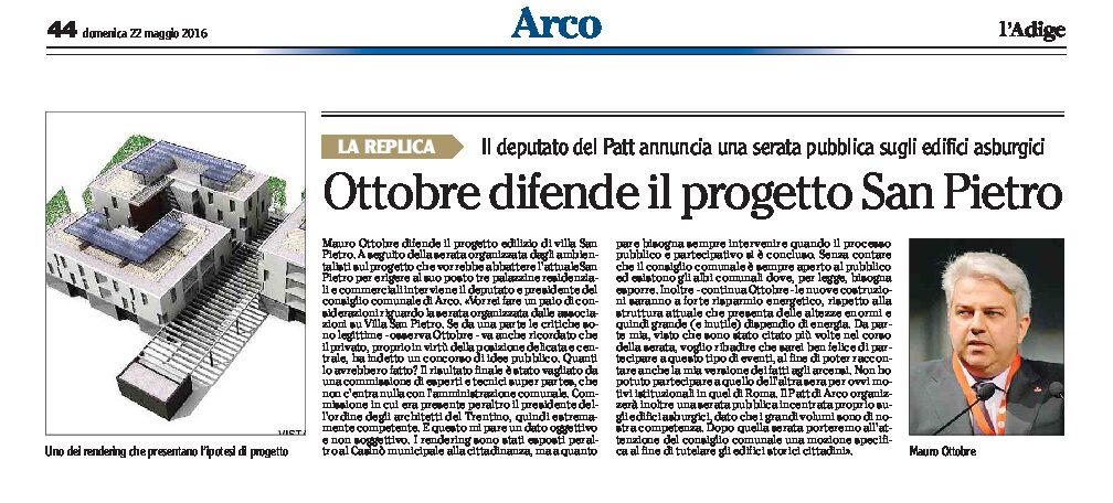 Arco, Villa San Pietro: Ottobre difende il progetto.