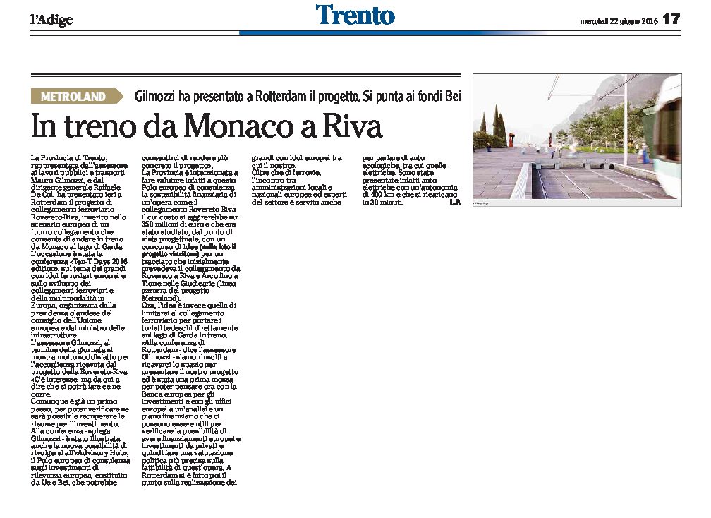 Metroland: treno da Monaco a Riva. Presentato il progetto. Si punta ai fondi Bei