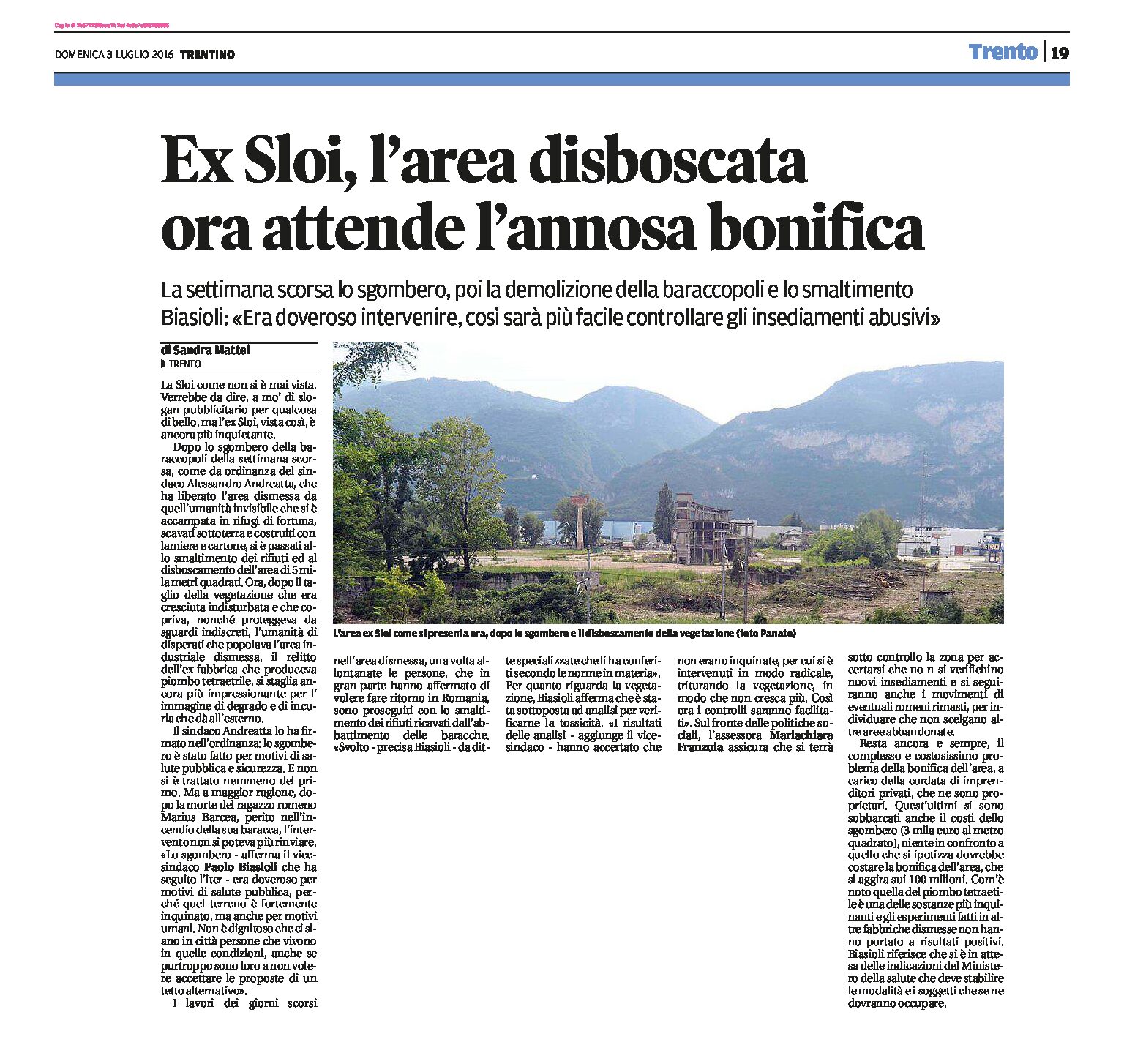 Trento, ex Sloi: l’area disboscata attende l’annosa bonifica