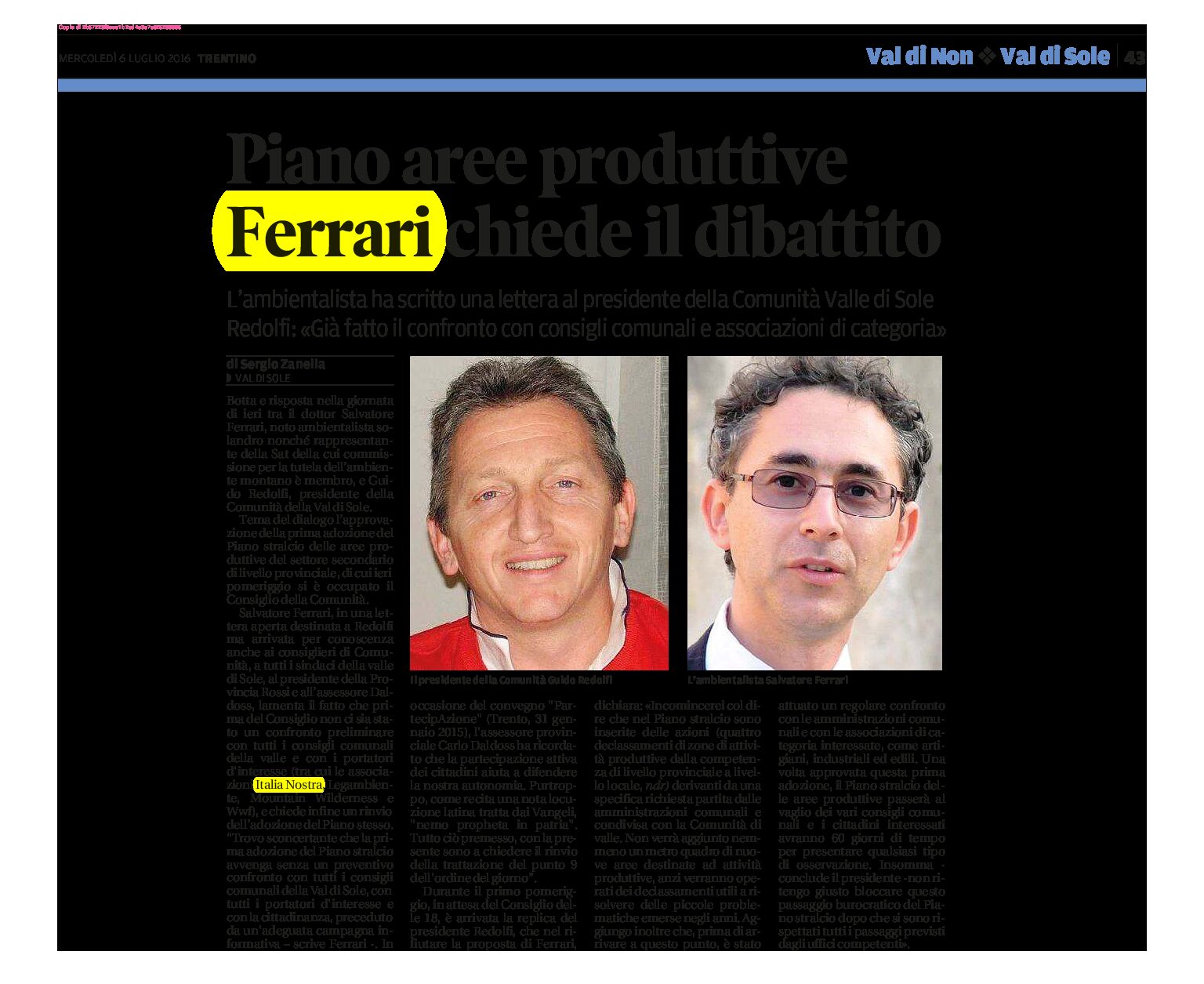 Val di Sole: piano aree produttive, Ferrari chiede il dibattito
