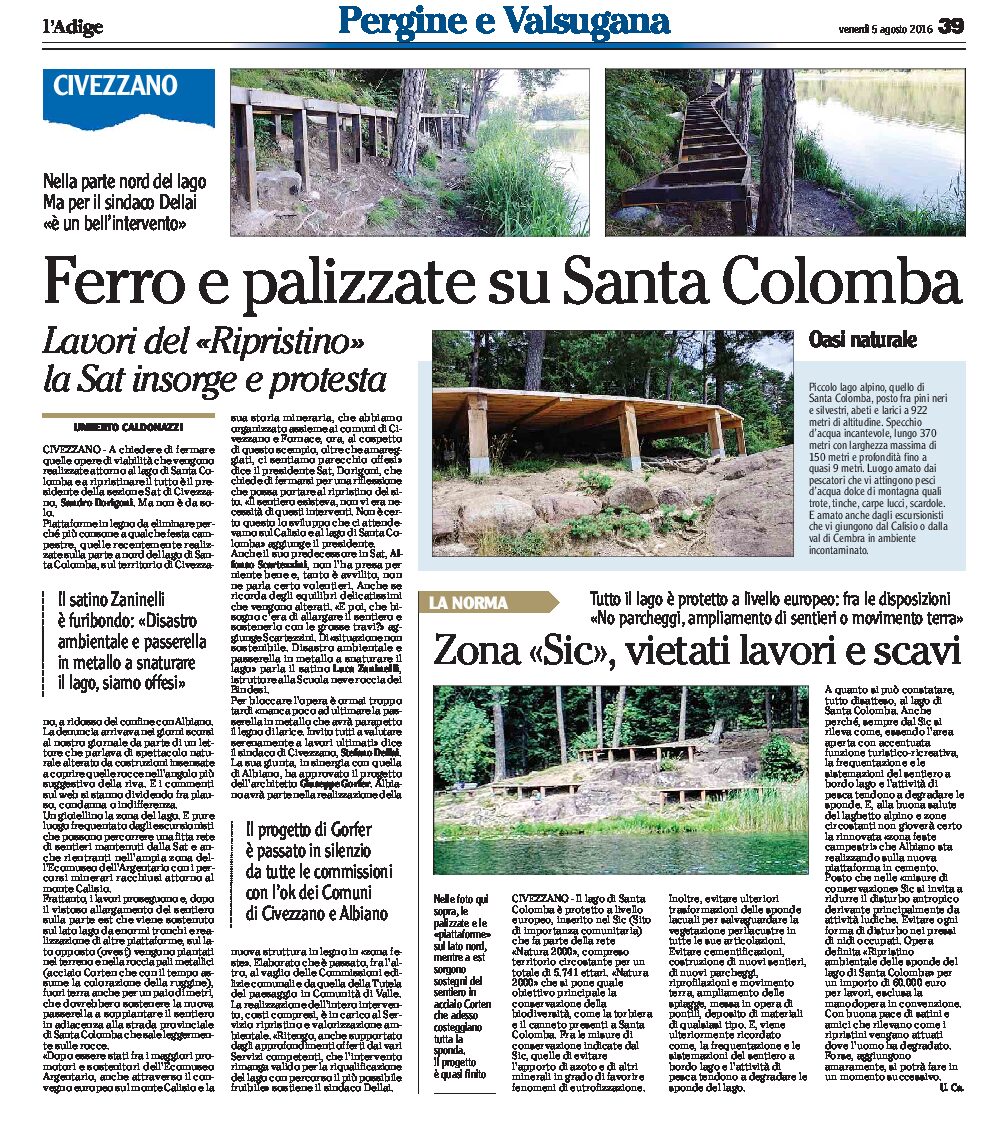 Lago di Santa Colomba: il lago è protetto, la Sat protesta per i lavori di ripristino