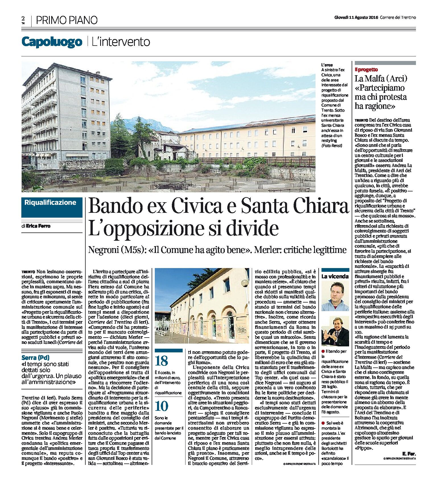 Trento, ex Civica e Santa Chiara: l’opposizione si divide sul bando