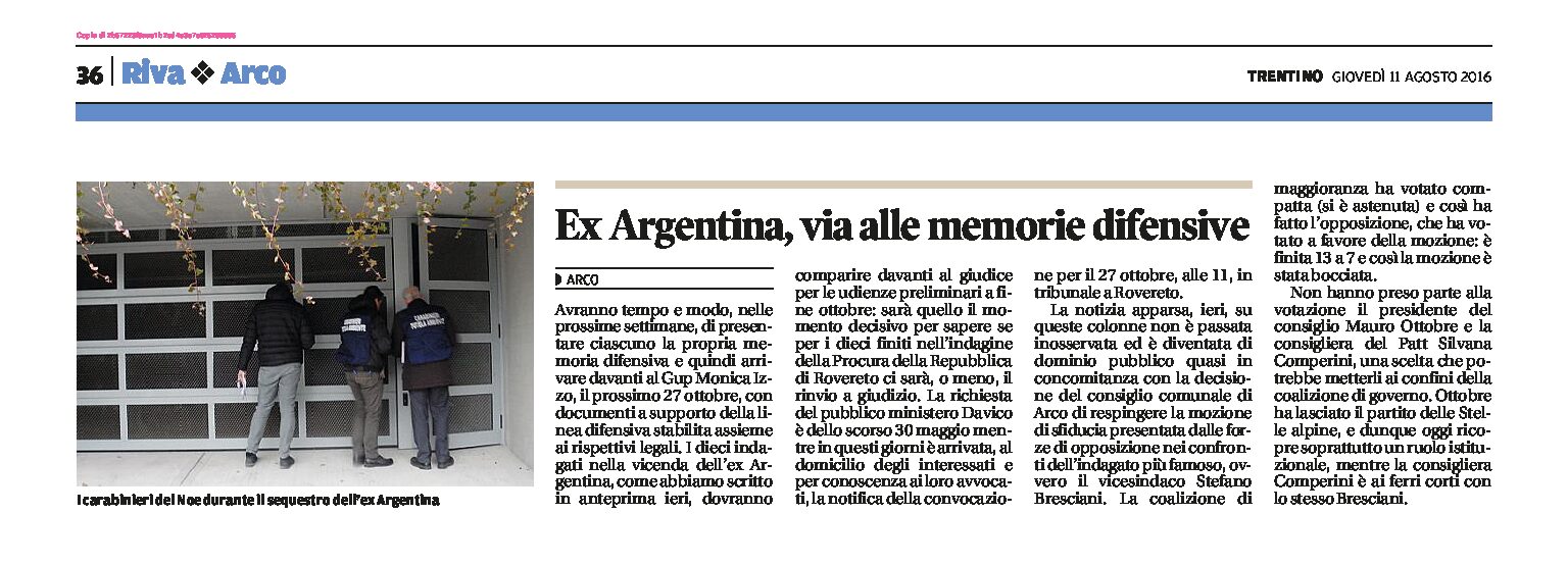 Arco: ex Argentina, via alle memorie difensive