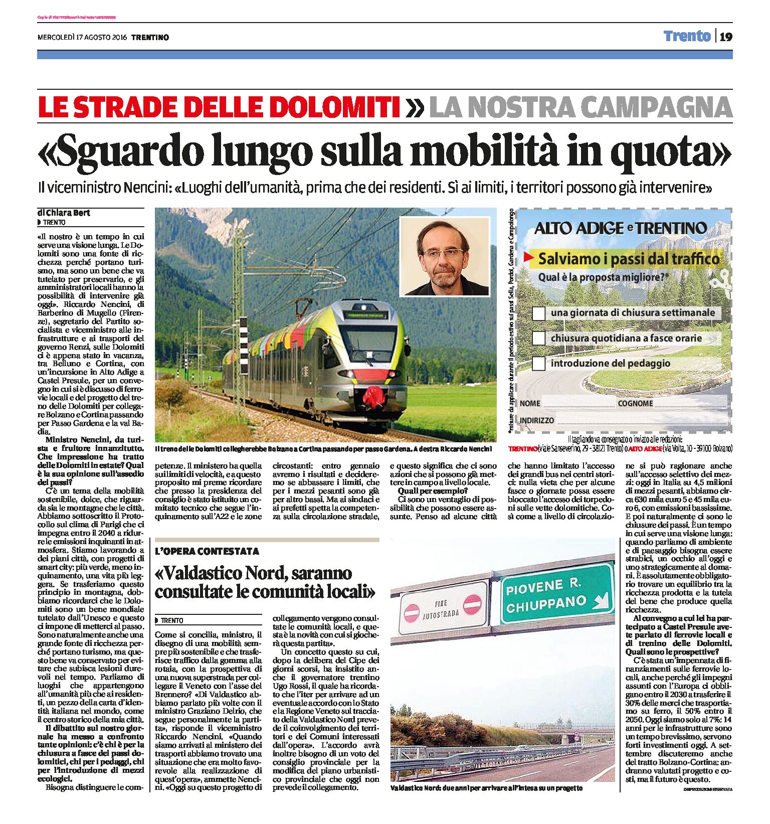 Valdastico Nord: saranno consultate le comunità locali. In Alto Adige mobilità in quota, treno delle Dolomiti