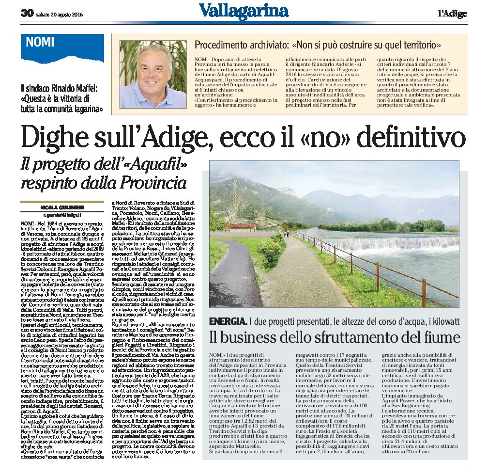 Adige, dighe: il progetto di Aquafil respinto dalla Provincia