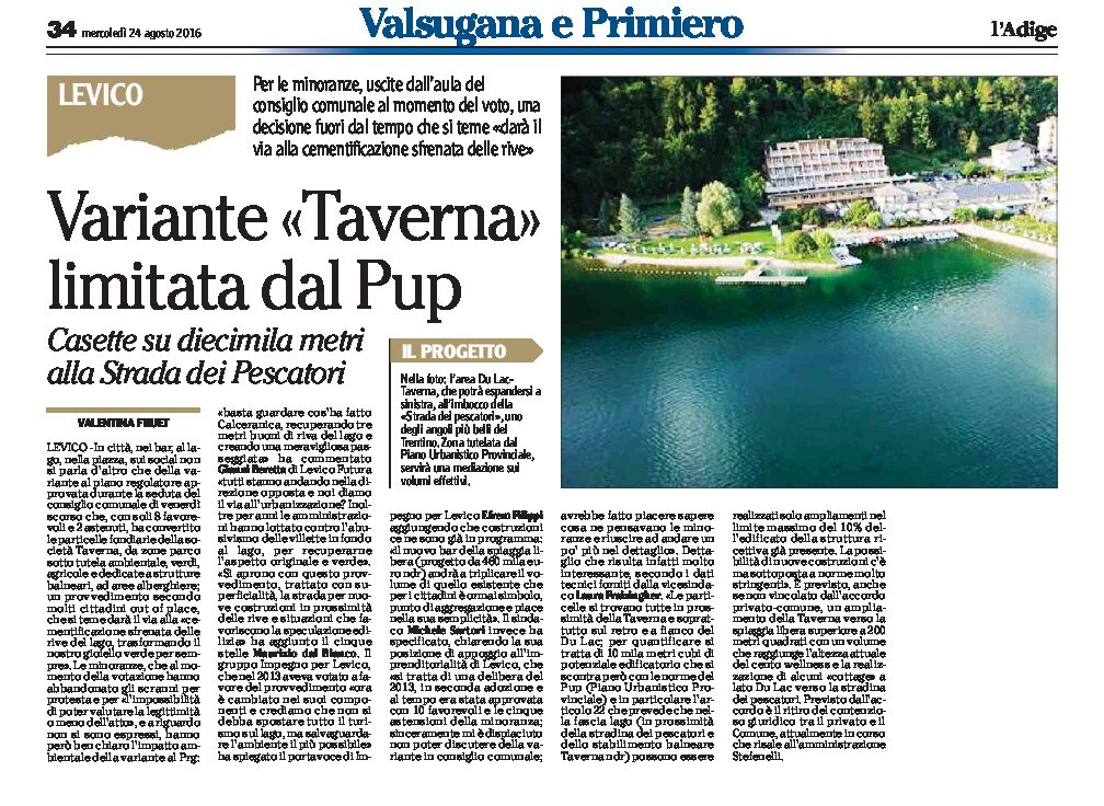 Lago di Levico: la variante “Taverna” darà il via alla cementificazione. Casette su 10.000 metri alla Strada dei Pescatori
