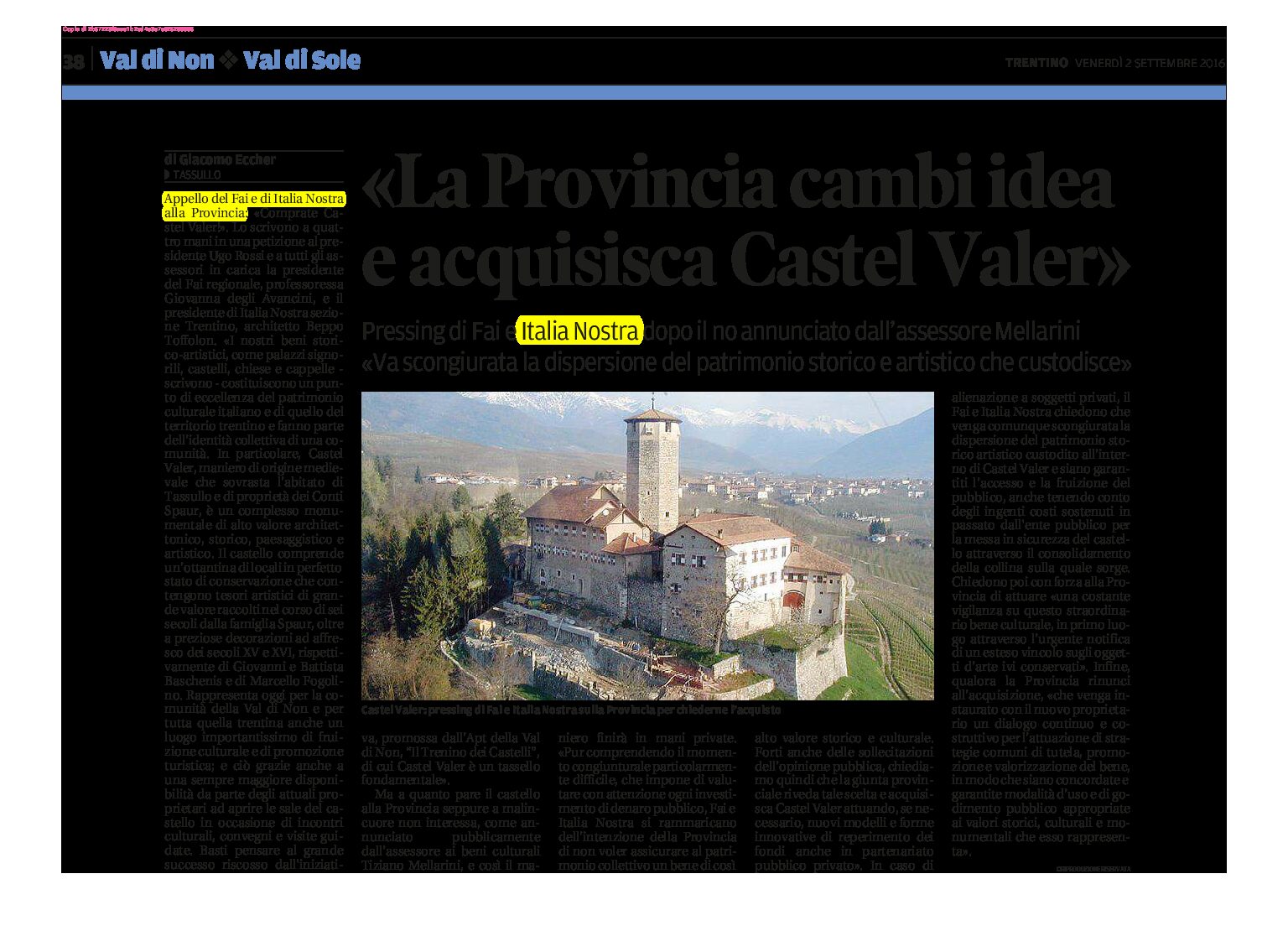 Fai e Italia Nostra: la Provincia cambi idea e acquisisca Castel Valer